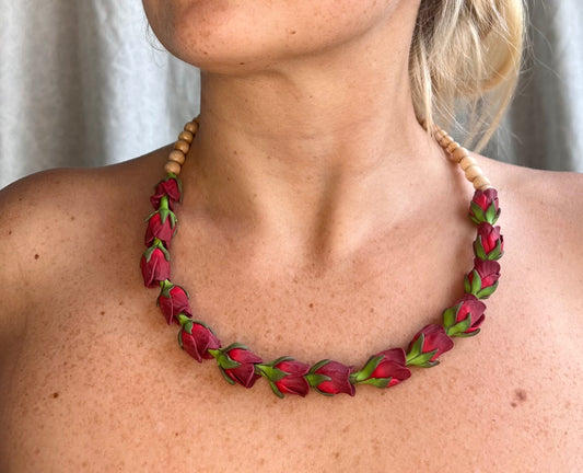 Dark Red Rose Bud Lei Necklace