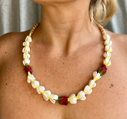 Pikake & Dark Red Rose Bud Lei Necklace