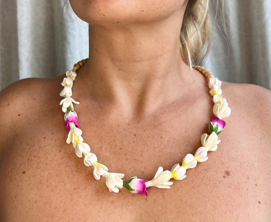 Tuberose & Pikake & Dark Pink Rose Bud Lei Necklace