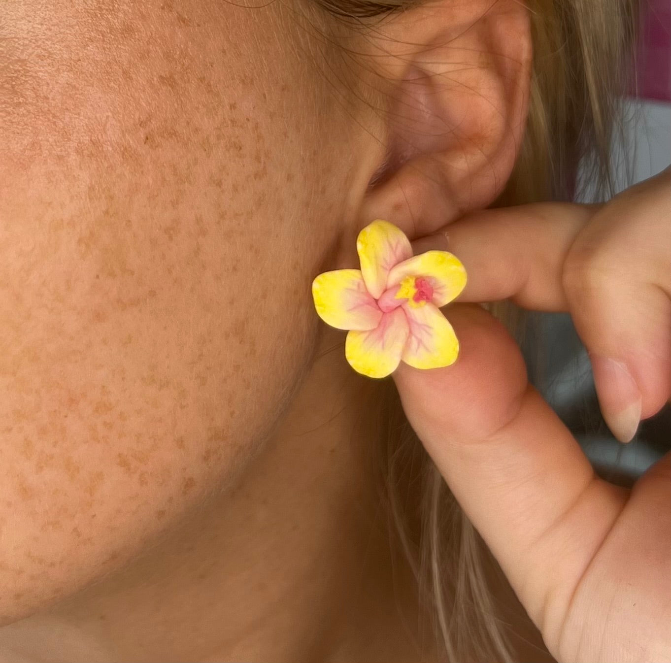 Mini Yellow Pink Hibiscus Stud