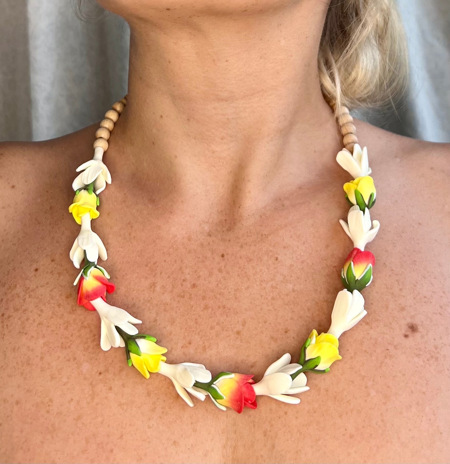 Pikake & Yellow & Orange Rose Bud Lei Necklace