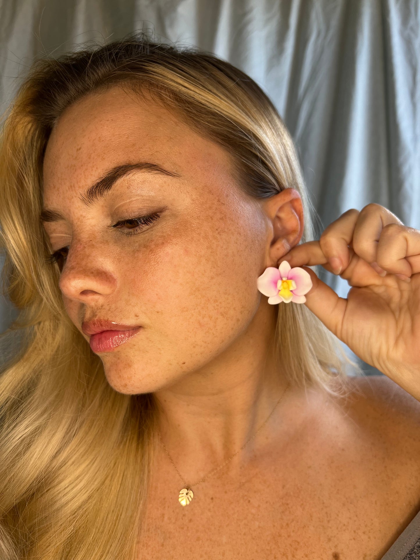 Pink & White Orchid Stud