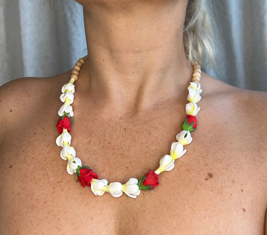 Pikake & Bright Red Rose Bud Lei Necklace